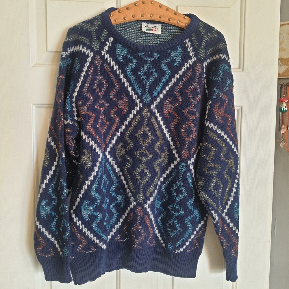 Vintage Amati 90s Geometric Pattern Knit Sweater Adult Medium Blue Purple Argyle
